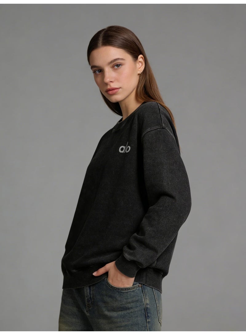 Alo Yoga Alo Washed Black Crewneck Sweatshirt - Unisex Oversized Fit, Soft Breathable Cotton Fabric, Minimalist  Logo, Popular Youth Sport  Casual Top (Saudi) - Image 5